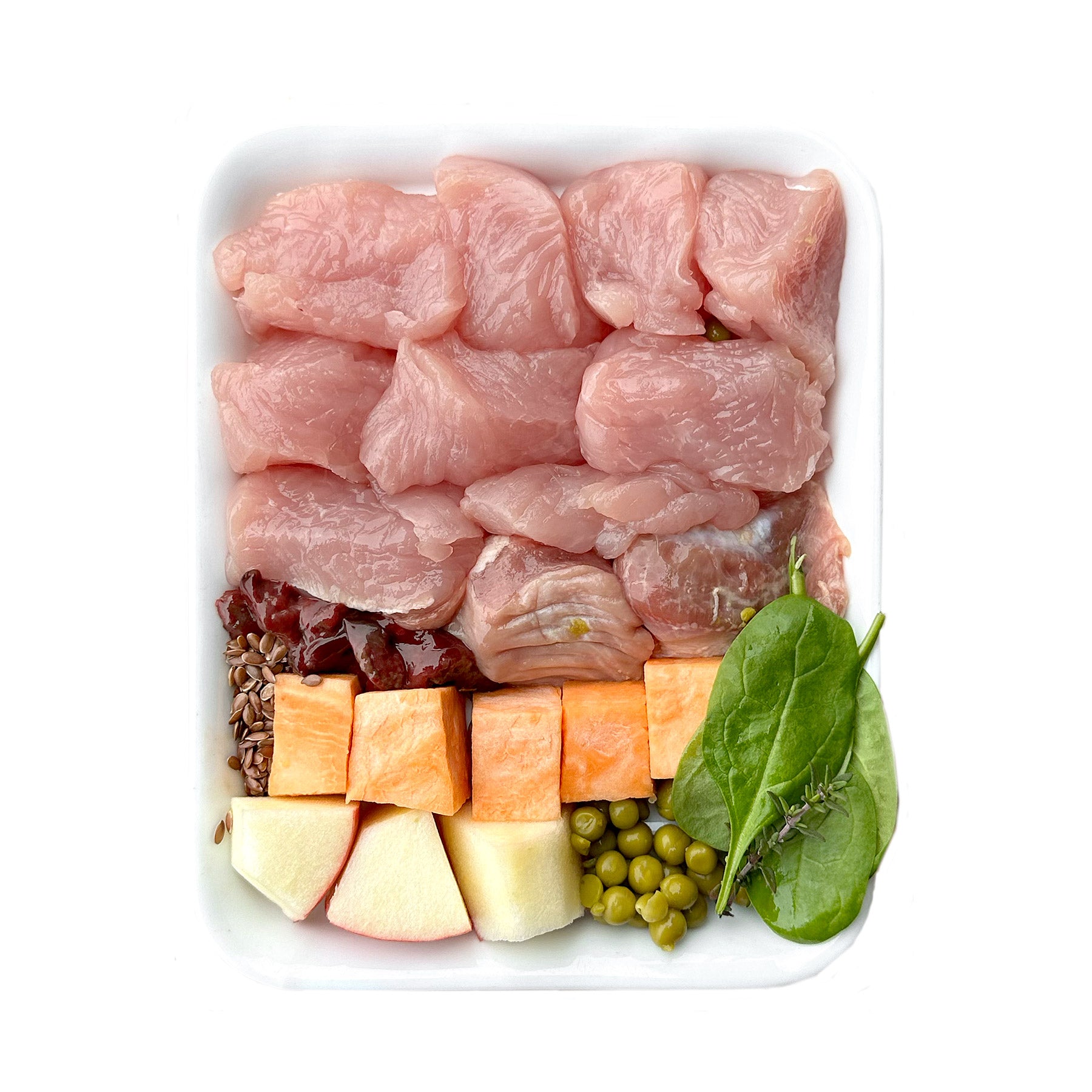 Indyk z słodkimi ziemniakami, groszkiem i szpinakiem (mrożone, 500g)